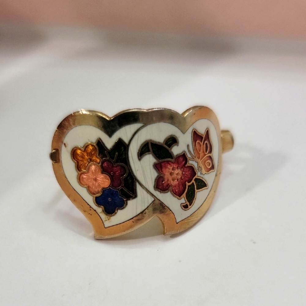Vintage Cloisonne Gold Heart Floral Hair Accessory
